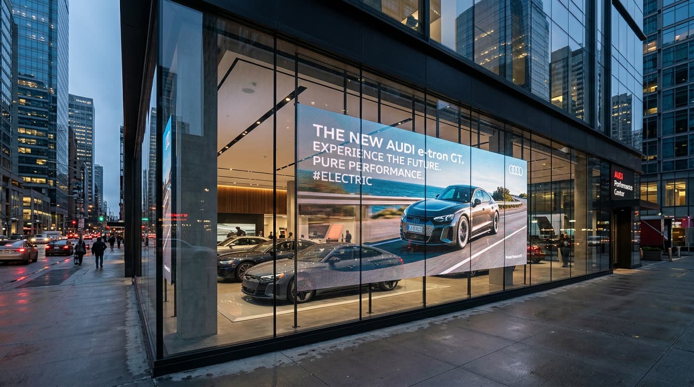 Şeffaf LED cepheli bir otomotiv showroomunda sergilenen premium araçlar